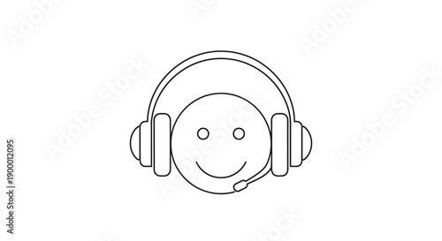 Happy Smiling Person's Face with Headphones and Microphone Line Art Icon on Isolated White Background