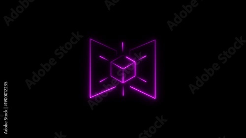 A glowing neon cube is enclosed within a minimalist geometric frame, set against a stark black background. This futuristic design evokes technology and digital concepts.