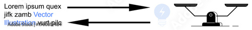 Decision-making, evaluation, comparison, problem-solving, data analysis, abstract concepts. Black balance scale with arrows pointing to it, light bulb silhouette. Decision-making and evaluation