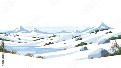 Expansive serene winter wonderland with frosted peaks and a tranquil frozen lake