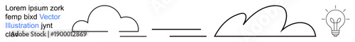 Innovation, creativity, brainstorming, transformation, ideas, simplicity. Minimal thin-line clouds transitioning to a light bulb. Innovation and creativity concept for brainstorming and new ideas