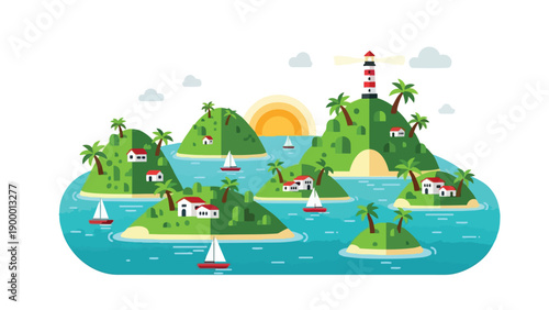Vibrant flat illustration: tropical archipelago. Green islands, houses, palm trees, striped lighthouse, sailboats on azure water, golden sun.