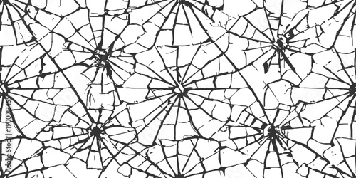 Seamless vector pattern illustration of a black spider on a geometric web tile design for a dark Halloween wallpaper backdrop or decorative grunge mosaic ornament