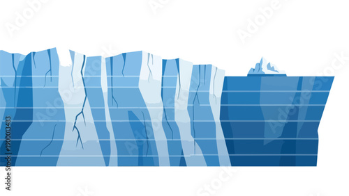 Expansive illustration of massive arctic ice formations and towering glacial structures depicted with layered depths and intricate blue hues on a