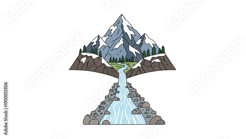 Stylized depiction of majestic snow-covered mountains, a serene green valley, and a clear river gracefully descending through a rugged natural