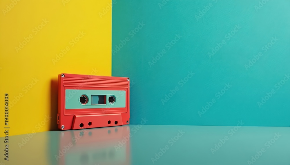 Fototapeta premium Retro cassette tape sits against bright yellow and teal walls. The vintage audio object rests on a reflective surface, evoking old school music and pop culture.