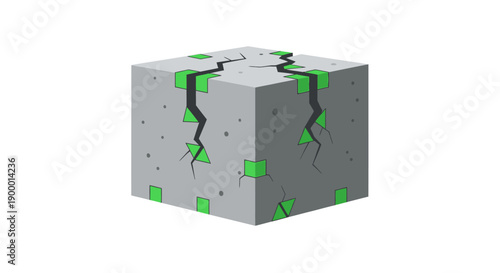 Cracked Gray Cube with Glowing Green Energy Core. Damaged Concrete Block Vector Illustration Isolated on White Background.