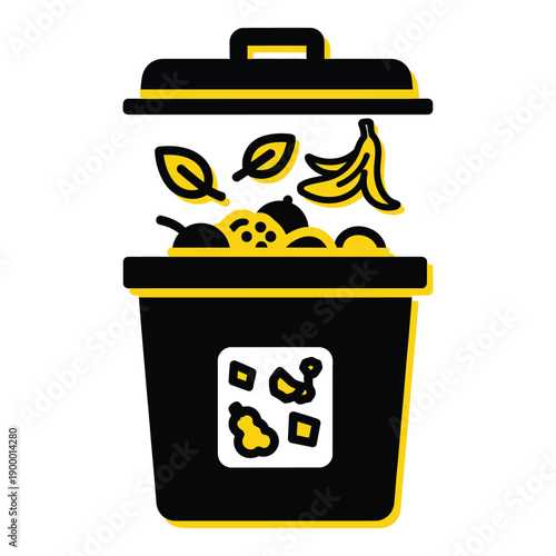 Vector art of open recycling bin filled with organic waste like fruits, leaves, and banana peel, concept of composting and food waste reduction