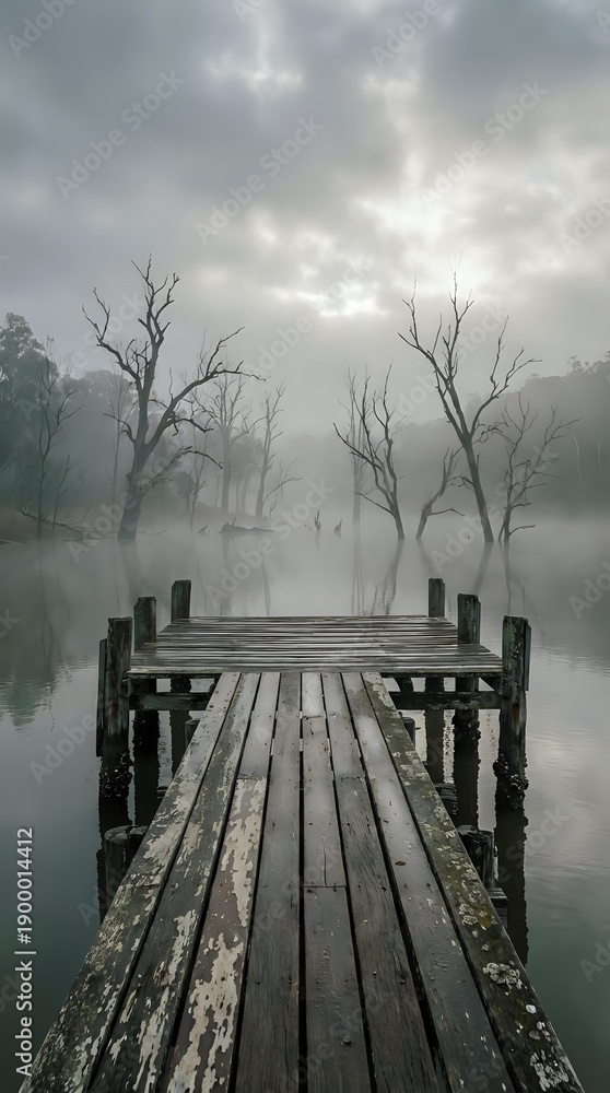 Fototapeta premium Misty lake with wooden dock and bare trees creating moody atmospheric landscape for meditation and tranquility concepts.