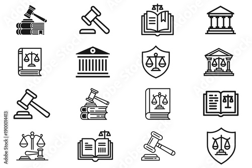 Collection of Legal Icons Featuring Gavel, Scales of Justice, Books, and Courthouses