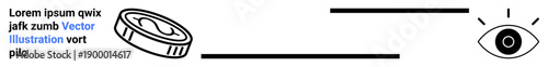 Financial vision, business focus, attention, conceptual design, decision-making, monetary analysis. Stylized coin linked to an eye with lines. Financial vision and business focus concept