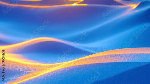 Bright orange energy ribbon flows over smooth blue gradient waves; camera glides sideways as luminous streak bends and pulses, with fine particles trailing for tech backdrop.