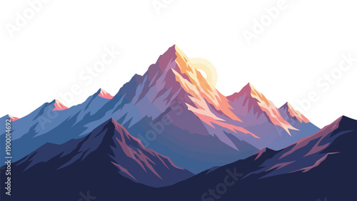 Stylized Mountain Range Illustration with Sunrise Glow Over Majestic Peaks and Serene Valleys Vector Art