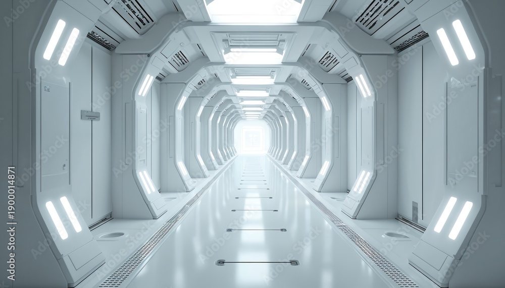 Obraz premium Futuristic white spaceship corridor with glowing lights and metallic floor. Long hallway interior with geometric walls and ceiling, clean sci fi design.