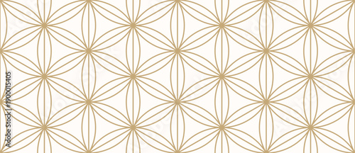 Classic oriental geometric seamless pattern with floral grid, thin lines, hexagons, triangles, flowers, lattice. Abstract minimal golden texture. Luxury outline gold and white background. Geo design