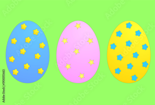 Set of bright Easter eggs with pattern on green background