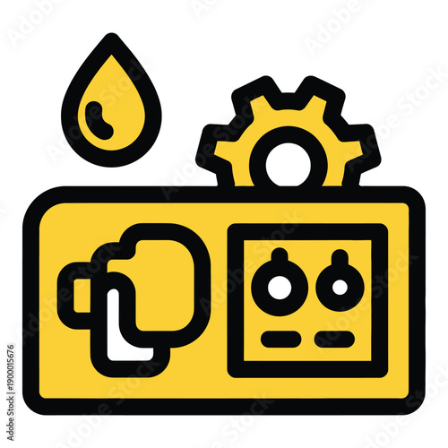 Vector art of icon of a machine with a gear and a drop of liquid, representing industrial processes and maintenance