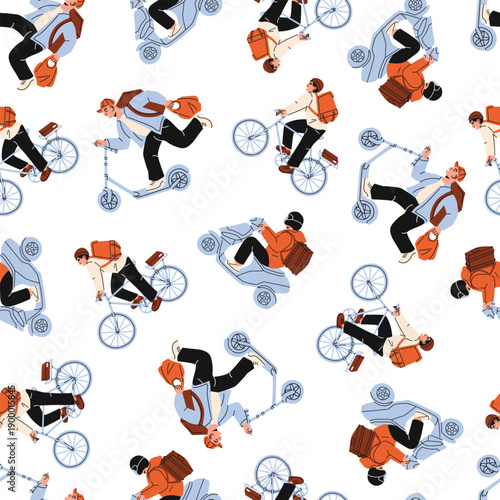 Seamless delivery pattern with couriers on a bike, bicycle, scooter. Transportation and Logistics Concepts. For textile, apps, packaging, ads