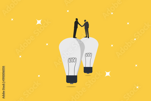 Two businessmen shaking hands on light bulb, symbolizing a partnership, representing innovation and collaborative ideas for success