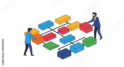 Business Team Building Organizational Structure Flow Chart. Isometric Vector Illustration of Men Arranging Connected Blocks for Workflow Management.