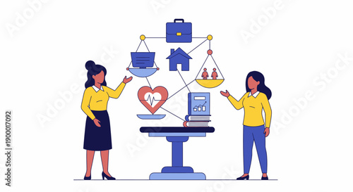 Work Life Balance Concept. Businesswomen manage life priorities (career, health, family) on a scale showing professional and personal equilibrium.