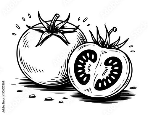 Hand Drawn Black and White of a Whole Tomato and a Halved Tomato fruit vegetable
