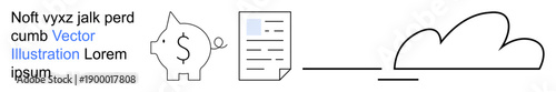 Digital banking, cloud storage, finance management, data security, modern computing, online transactions. Piggy bank, document and a cloud icon connected by a line. Finance management and cloud