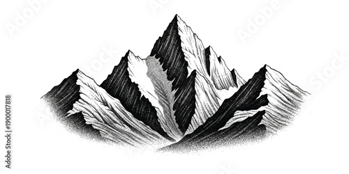 A dramatic black and white illustration of a rugged mountain range with sharp peaks and deep valleys