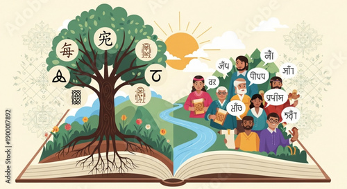 Diverse group of people gathered around an open book with a tree growing out of it surrounded by nature and foreign language symbols representing education and global