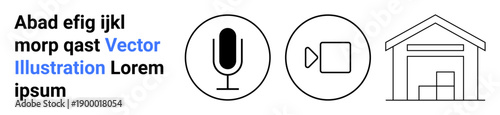 Remote work, media production, communication technology, logistics, storage solutions, digital tools. Microphone, video camera and warehouse icons. Remote work and logistics concepts