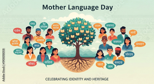 Diverse people celebrate mother language day with tree of many languages and speech bubbles symbolizing identity and heritage