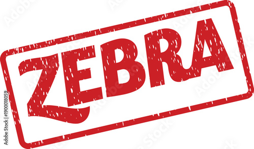 Vibrant red distressed rubber stamp featuring the prominent word ZEBRA on a clean white field