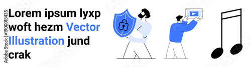 Man with shield symbolizing protection, user viewing content on a tablet, bold placeholder text, and musical notes. Ideal for security, media, technology, design, education entertainment simple