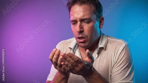 man blowing on hands against purple blue gradient backdrop