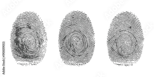 Three black and white illustrations of human fingerprints for forensic and security identification purposes.