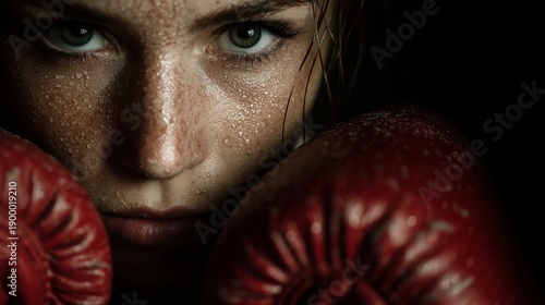 Focused caucasian female boxer with red gloves and intense stare