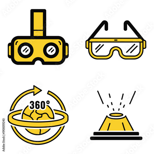 Vector art of set of four icons illustrating immersive technology and 360degree views vr goggles, glasses, earth with rotation arrows, and hologram projector