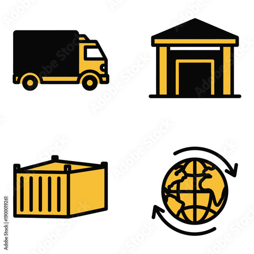 Vector art of set of four logistic icons including a truck, warehouse, shipping container, and globe with arrows