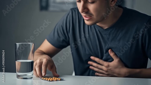 man clutching chest in distress at dining table with water glass and cookies