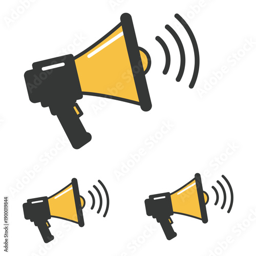 Vector art of set of three cartoon megaphones with sound waves