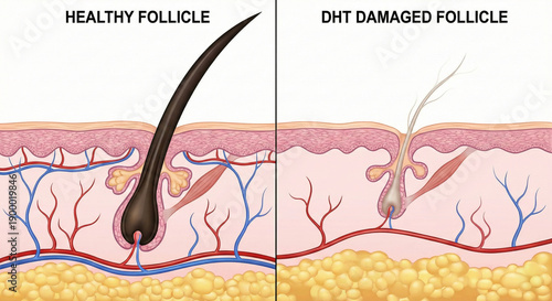 Healthy Hair Follicle vs DHT Damaged Thinning Follicle