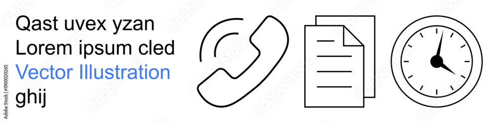 Obraz premium Business communication, time management, customer service, document handling, scheduling, organization. Phone, document and clock symbols in black and white. Business communication and time