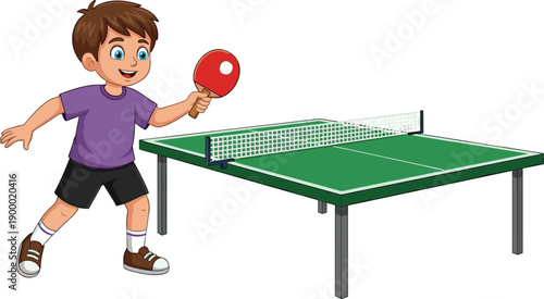 Happy cartoon boy playing table tennis with paddle at green ping pong table isolated on white background for kids sport illustration vector art design