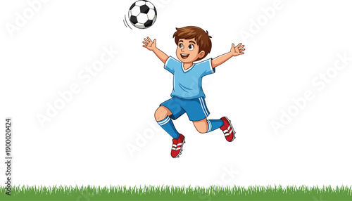 Happy cartoon boy jumping to play soccer with ball on green grass, playful child sports illustration for kids education, outdoor activity, fitness learning, and fun lifestyle concepts
