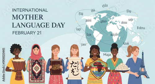 Diverse women celebrate international mother language day with books and symbols