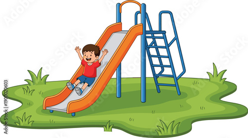 Happy cartoon boy sliding on playground slide at park with green grass isolated on white background for kids outdoor play illustration vector designHappy 