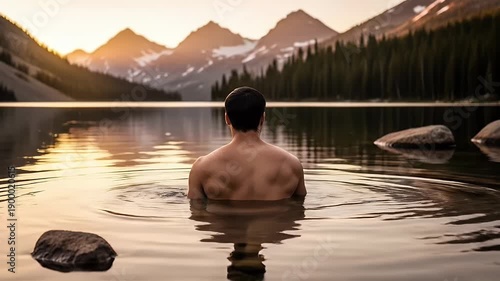 man in alpine lake at sunset with mountain backdrop