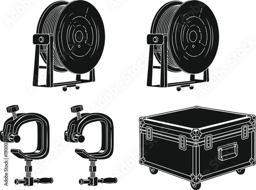 Industrial Cable Reel and Stage Flight Case Silhouette Vector Illustration, Professional Production Hardware Clamps, Heavy Duty Equipment Storage and Rigging Design Graphics