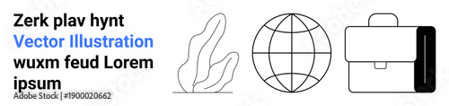 Business identity, corporate branding, education materials, minimalist design, global network, professional . Features text, globe line art plant and briefcase icon. Business identity and corporate