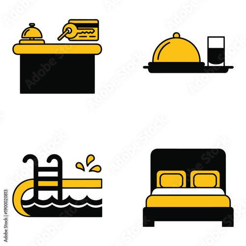 Vector art of set of hotel service icons including reception desk, room service, swimming pool, and bed